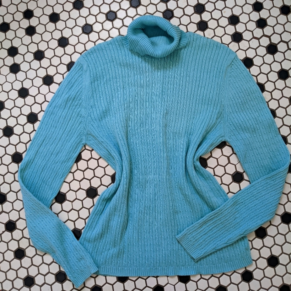 Gorgeous Vintage blue Cable Knit Turtleneck Sweater Med - Picture 2 of 5
